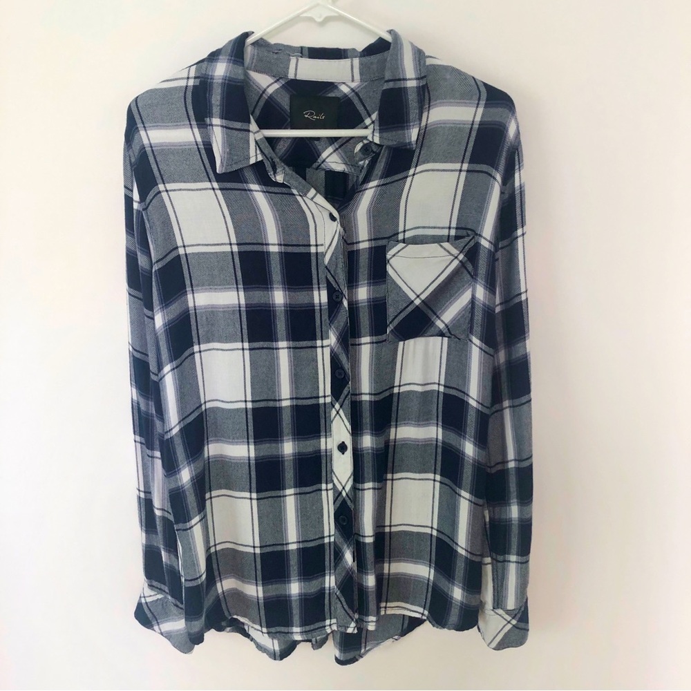 Rails Womens Hunter Navy/White/Fog Plaid Button Down Shirt Top 100% Rayon Medium